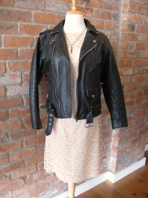 60s leather moto jacket, 60s ivory lace cocktail dress