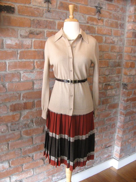 60s tan cardigan, 50s Pendelton reversible wool plaid skirt