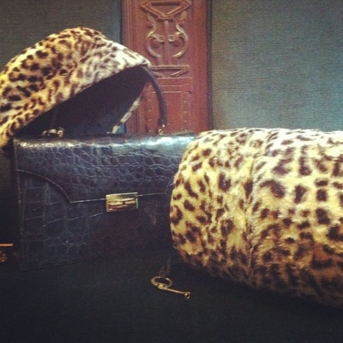 60s leopard print muff and hat, 60s alligator handbag